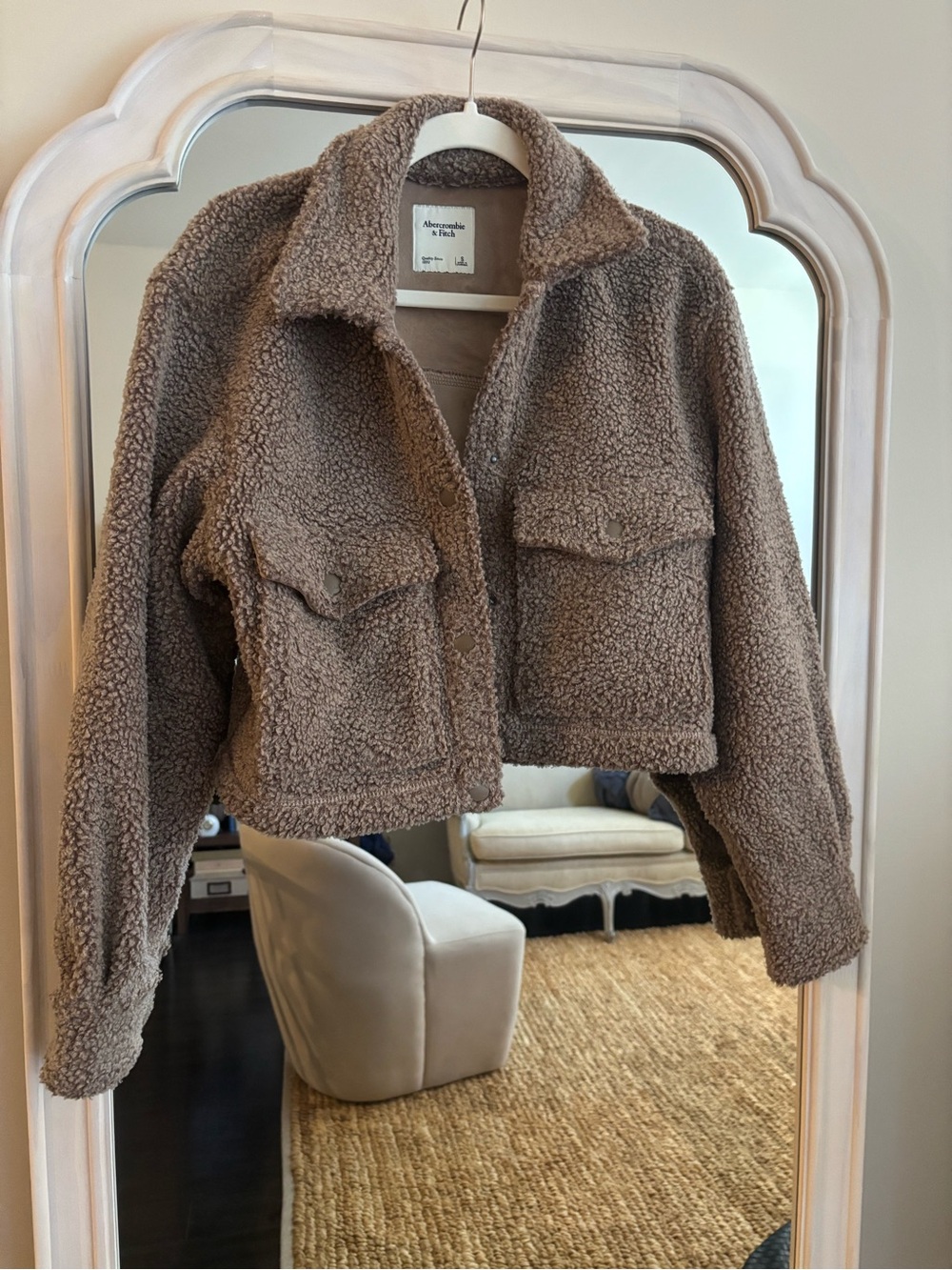 Abercrombie & Fitch Taupe Sherpa Crop Jacket - Pocketed Teddy Coat